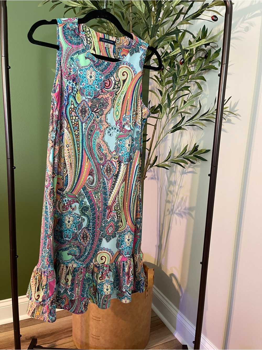 Tommy Hilfiger Aqua Paisley Ruffle-Hem Sleeveless Dress